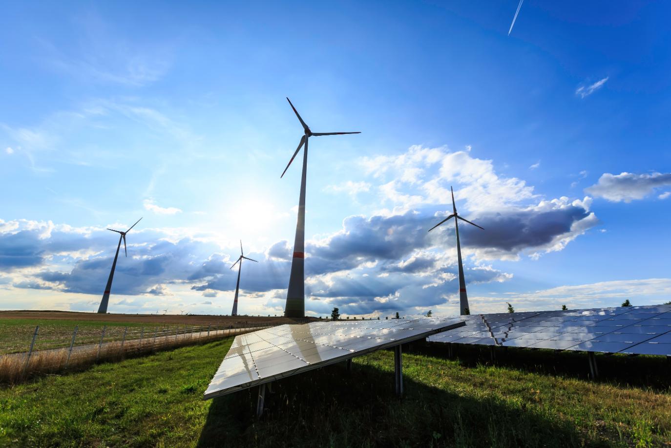 Concept view of Marmadua Energy Park wind turbines with solar panels in the foreground